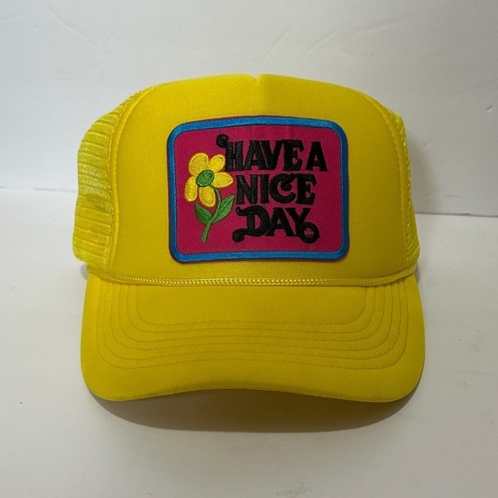Yellow unisex Trucker Hat with 'Have a Nice Day' Patch EUC
